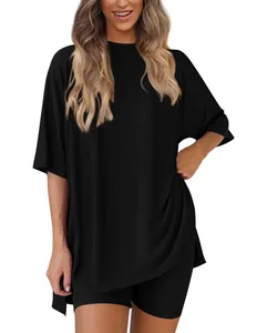 Casual black two-piece lounge set with oversized ribbed T-shirt and shorts for women