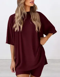 Casual women's loose short sleeve pajama set in deep burgundy ribbed textured fabric