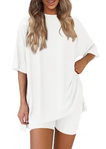 Women's summer white lounge set with oversized short sleeve t-shirt and biker shorts