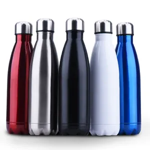 Set of five insulated stainless steel cola-shaped water bottles in various colors
