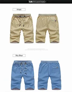 Men's casual shorts in khaki and sky blue, drawstring waist, front and back view