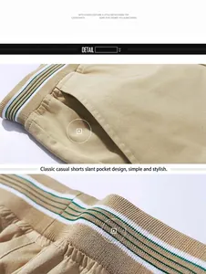 Close-up of men's khaki casual shorts featuring striped elastic waistband and pockets