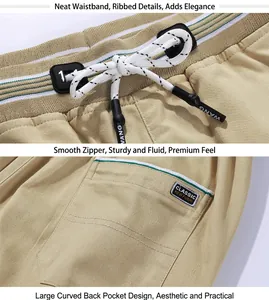 Detail of khaki men's casual shorts showing drawstring waist and back pocket