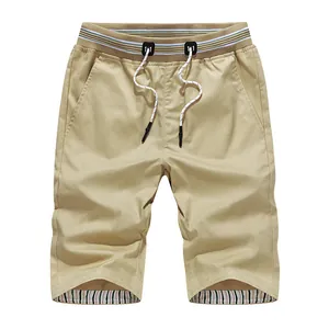 Casual men's summer khaki shorts featuring an elastic drawstring waist and striped inner lining