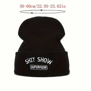 Black Y2K knitted beanie with 'Shit Show Supervisor' embroidery, 56-60cm