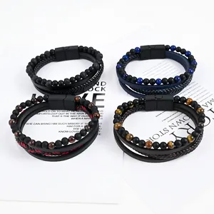 Collection of multi-layer men's braided leather bracelets with natural stone beads in various colors