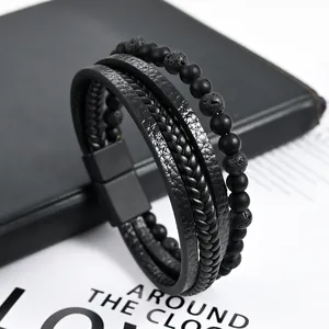 Men's multi-layer braided leather bracelet with black natural lava stone beads