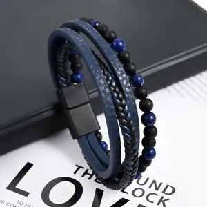 Men's multi-layer braided leather bracelet with blue natural stone beads and magnetic clasp.