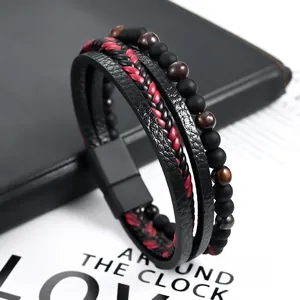 Multi-layer men's leather braided bracelet with natural stone beads and magnetic clasp