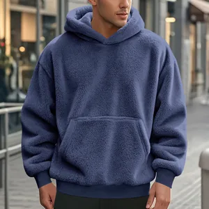 Sweat à capuche oversize bleu en polaire pour homme avec poche kangourou et texture