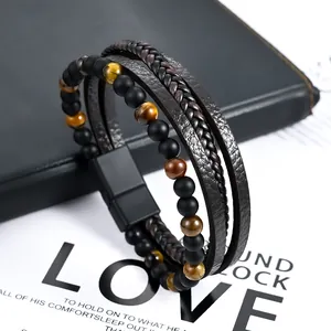 Men's multi-layer braided leather bracelet with natural tiger eye and matte black beads