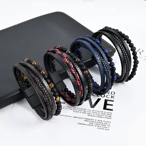 Men's Multi-Layer Braided Leather Bracelet With Natural Tiger Eye Stone Alloy Magnetic Clasp Trendy Jewelry