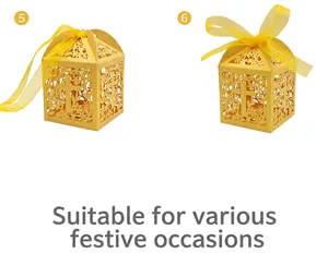 Detailed view of yellow laser-cut favor boxes with intricate cross and flower patterns