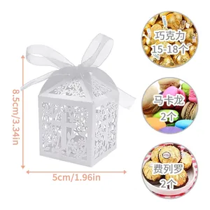 White hollow-out floral cross paper candy box with ribbon and dimension markings