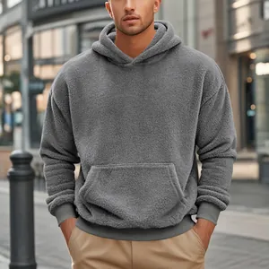 Hoodie en polaire grise oversize pour hommes, peluche double face pour automne hiver.