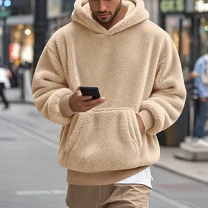 Sweat à capuche oversize en polaire sherpa beige pour homme, pull chaud d'hiver décontracté