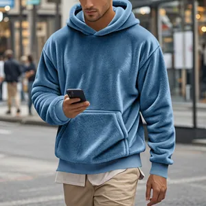 Sweat à capuche ample bleu clair en polaire sherpa pour homme avec poche kangourou