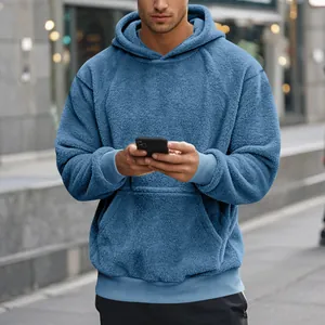 Sweat à capuche homme en polaire bleue double face, coupe large avec poche frontale