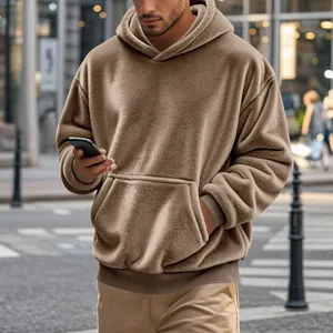 Sweat à capuche pour homme en polaire double face marron avec poche