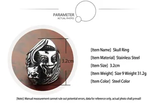 Bague vintage en acier inoxydable avec motif tête de mort et clown, hauteur de 3,2 cm