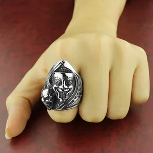 Bague gothique vintage pour hommes avec motif tête de mort et masque de clown argent