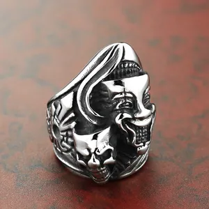 Bague vintage en acier inoxydable avec tête de mort et masque de clown, style argenté