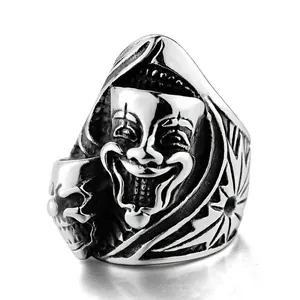 Bague de clown rétro en acier inoxydable avec masques de théâtre et crâne gothique