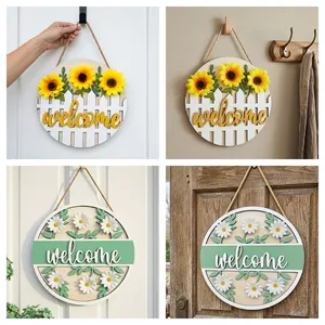 Rustic Wooden Welcome Sign Round Door Hanging Plaque With Artificial Sunflowers Daisies Jute Rope Decorative Home Garden Store Entrance Sign