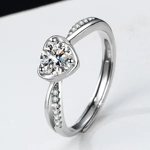 Close-up of S925 sterling silver ring with a heart-shaped moissanite center stone.