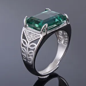 Elegant men's 925 silver ring with a large square green crystal and hollow-out design.