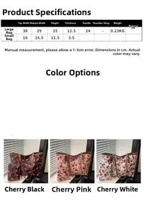 Tableau des tailles et aperçu des couleurs pour sacs cabas imprimés cerises grande capacité.