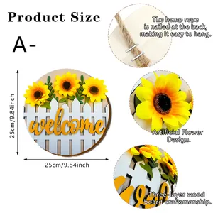 Sunflower welcome wooden door sign 25cm round plaque with layered 3D flower design