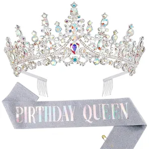 Detailed view of luxury rhinestone tiara and silver glitter Birthday Queen sash set