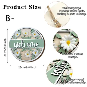 Decorative round 25cm wooden welcome sign with 3D white artificial flowers and hanging hemp rope