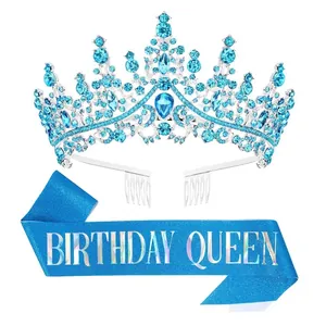 Blue rhinestone birthday tiara crown with glittery Birthday Queen sash set