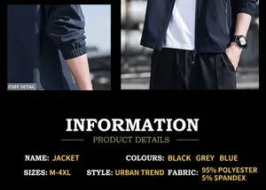 Vista detallada de especificaciones de chaqueta ligera ajustada para hombre primavera.