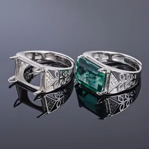 925 silver men's ring with 10x14mm square emerald crystal and hollow-out design