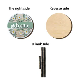Detailed views of the floral welcome wooden hanging sign showing front, back and side profiles