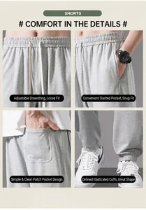 Detailed views of grey cotton joggers for men featuring drawstring waist and side pockets