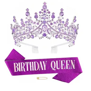 Set with elegant purple rhinestone crown tiara and 'Birthday Queen' glitter sash