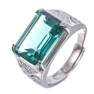 Elegant square 10x14mm green crystal men's ring in 925 silver featuring a hollow design