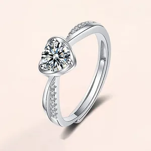 Elegant S925 sterling silver heart-shaped moissanite ring with adjustable band for women