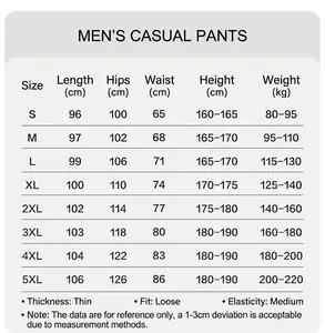 Comprehensive size chart for men's summer thin cotton casual loose jogger sweatpants