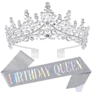 Detail view of sparkling silver rhinestone tiara and Birthday Queen glitter sash set