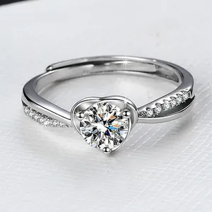 Elegant S925 sterling silver heart-shaped moissanite ring with adjustable open band