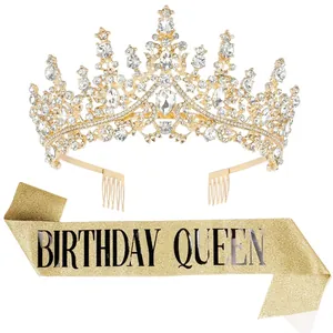 Close-up detail of luxury gold rhinestone crown with gold glitter BIRTHDAY QUEEN sash