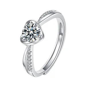 Elegant heart-shaped moissanite ring in S925 sterling silver with adjustable band