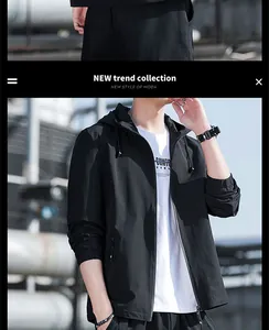 Lightweight men's black hooded jacket with slim fit design for spring and autumn