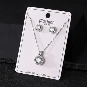Elegant silver circular zircon necklace and earrings set for women's jewelry fashion