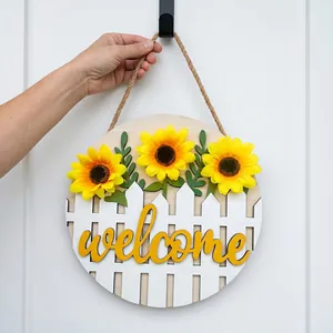 Sunflower welcome wooden door hanger sign for home entrance decor